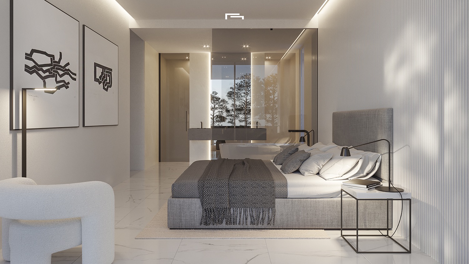 Chambre principale avec salle de bain ouverte, baignoire îlot, double vasque, sol en marbre et éclairage indirect minimaliste.
