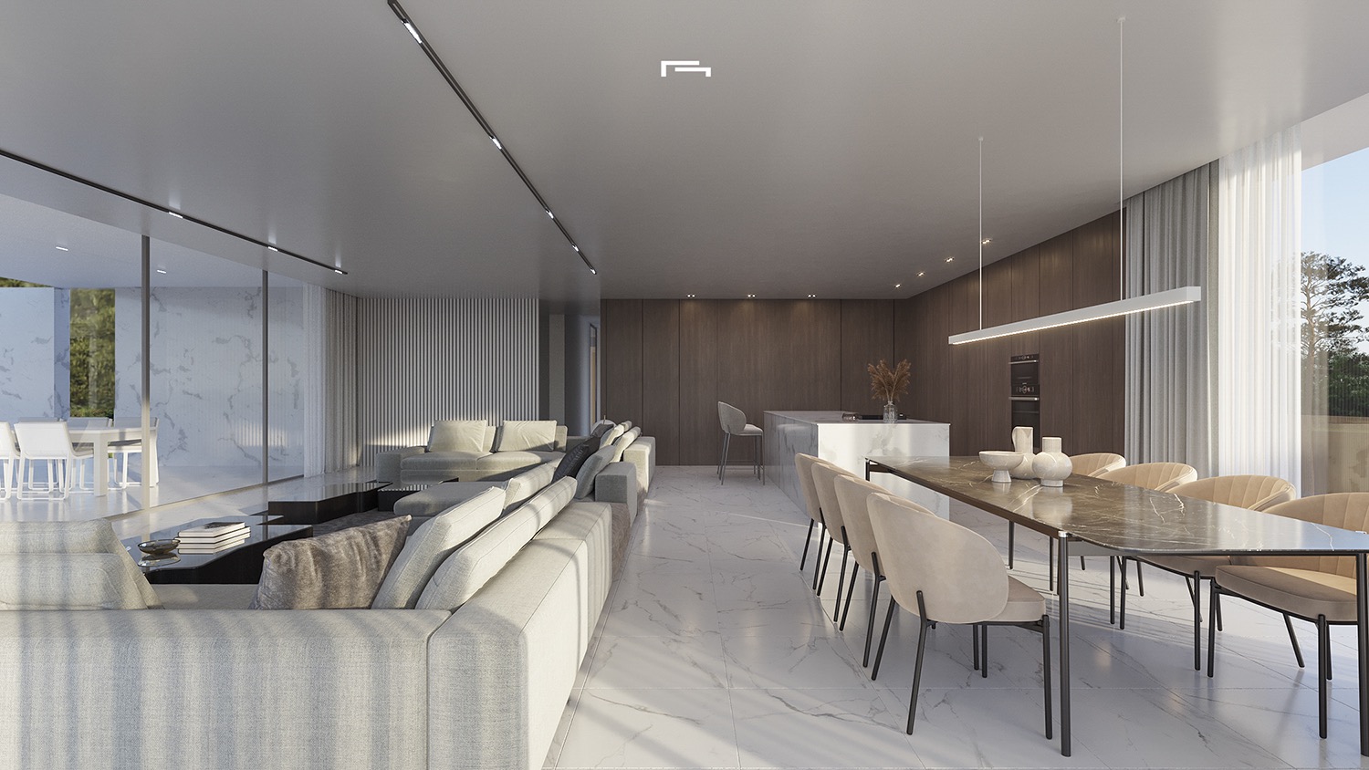 Espace de vie ouvert avec sols en marbre, boiseries sombres et grandes baies vitrées offrant une transition fluide vers la terrasse extérieure.