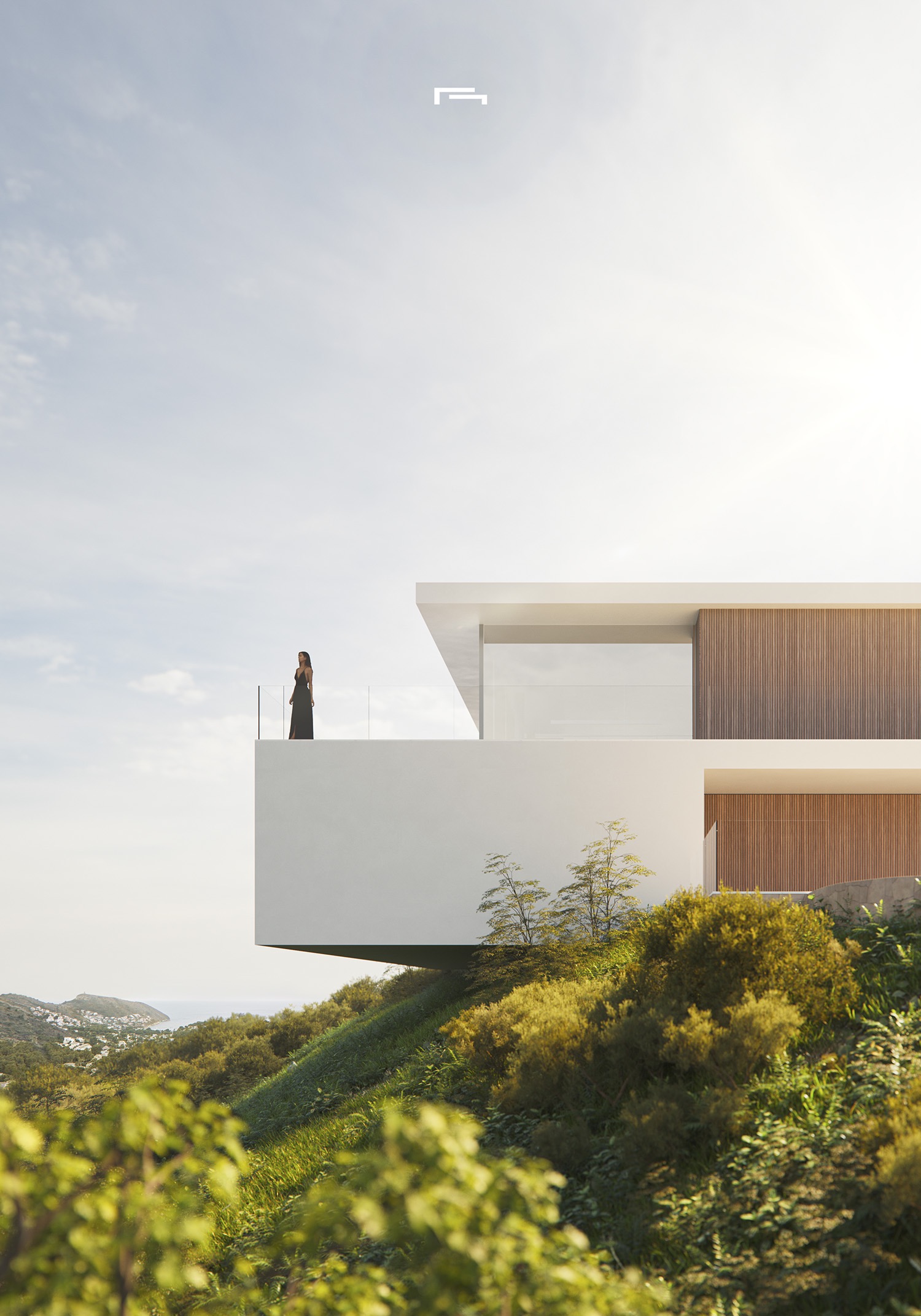 Façade latérale de la villa avec terrasse blanche en porte-à-faux, garde-corps en verre et panneaux de bois naturel, intégrée dans une colline verdoyante avec vue sur la mer.