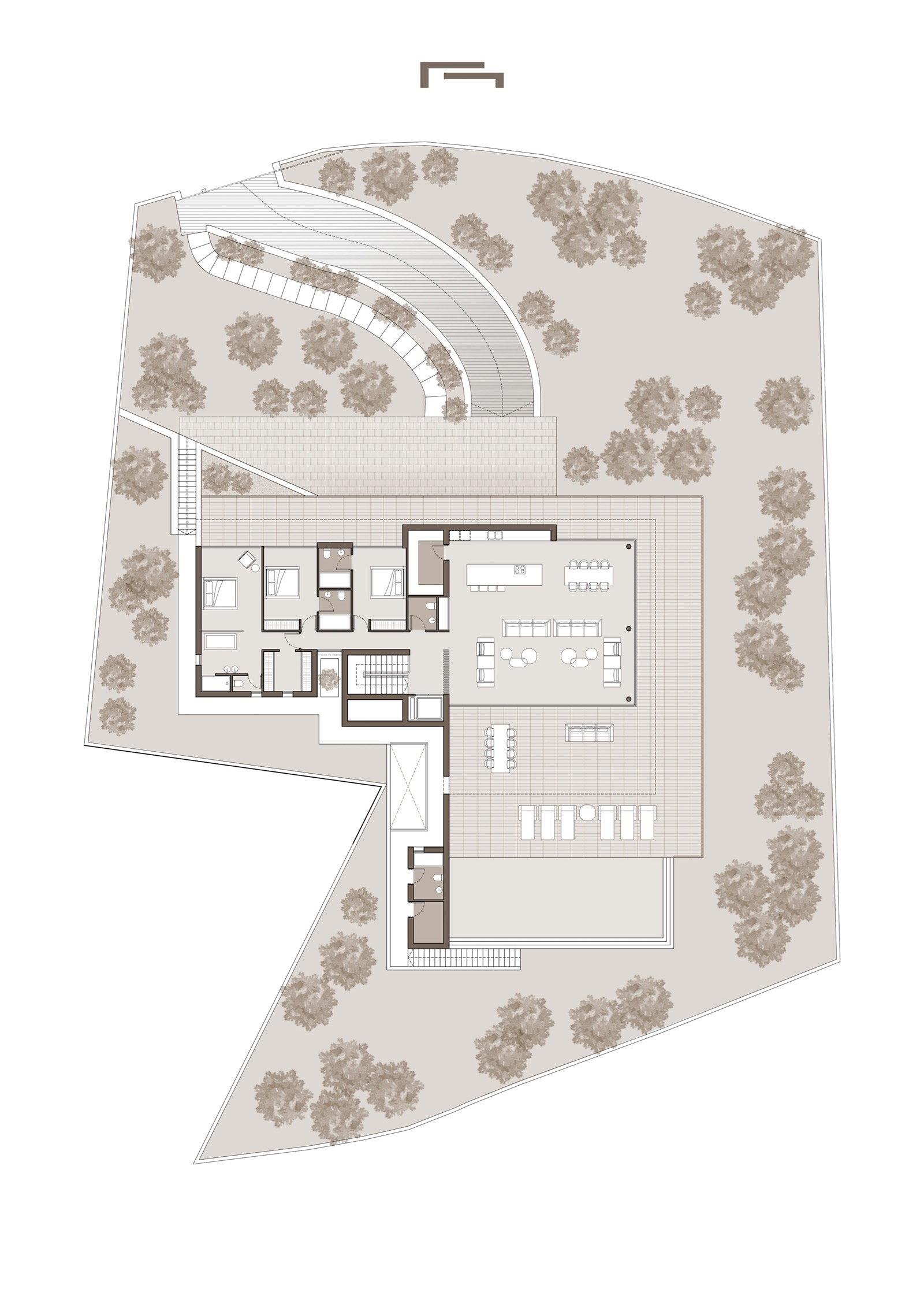 Plan d'architecte détaillant l'aménagement du niveau principal, l'accès véhicule, les jardins et la grande terrasse avec piscine et salon extérieur.
