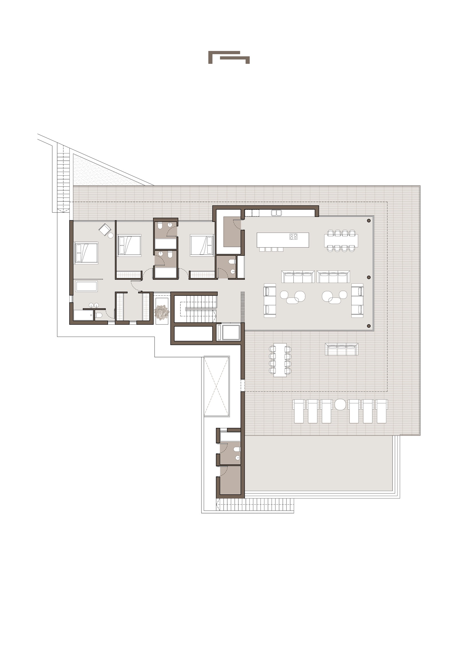 Plan technique du niveau supérieur illustrant le salon ouvert, la cuisine avec îlot, trois chambres en suite et la vaste terrasse avec piscine à débordement.