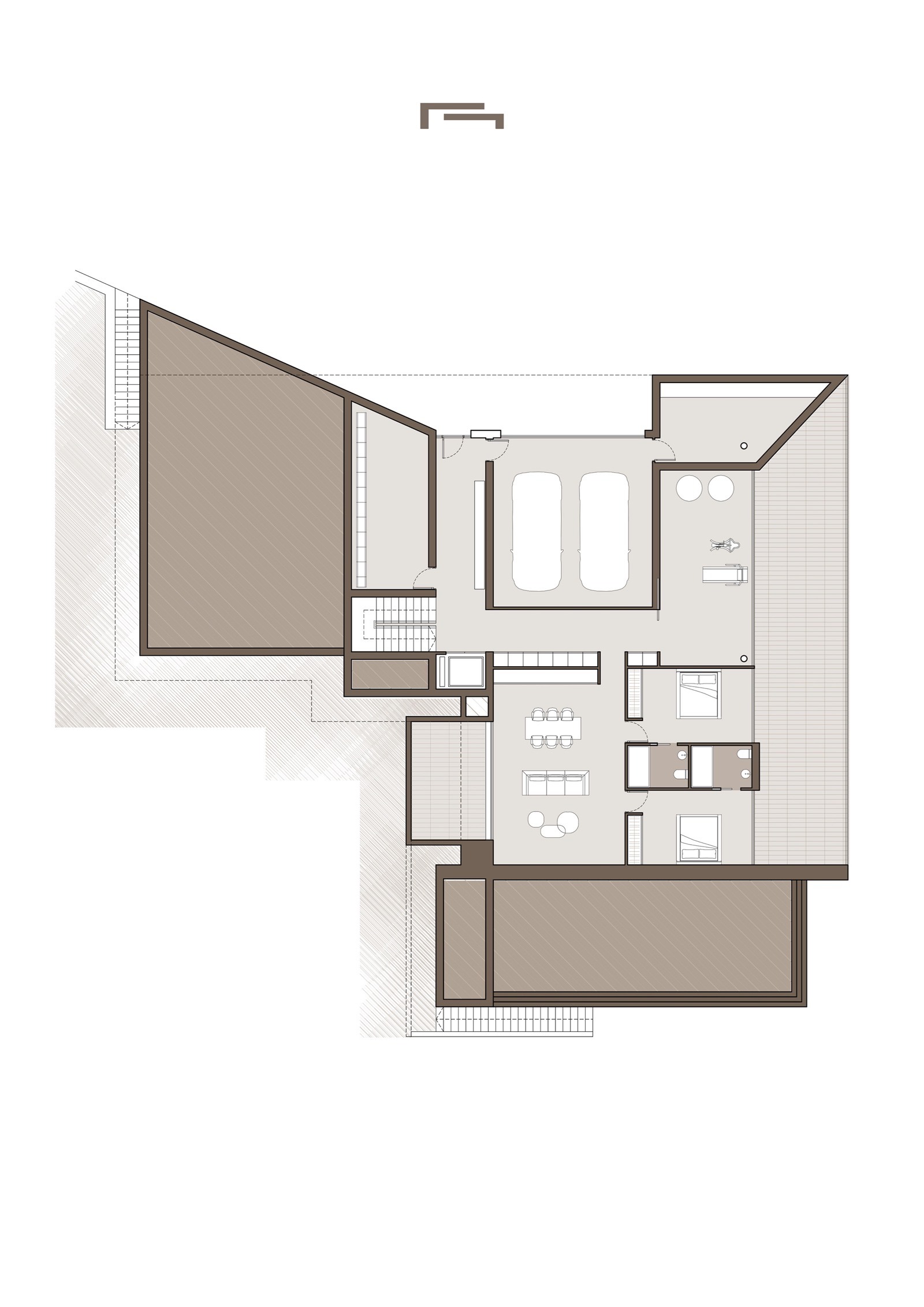 Plan technique du rez-de-chaussée illustrant un garage pour deux voitures, une salle de sport, un salon et deux chambres avec salles de bains.