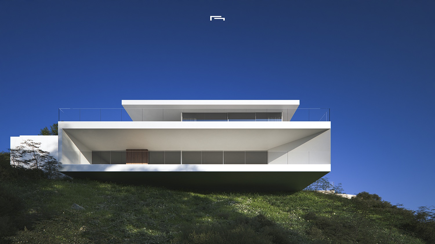 Vue extérieure de l'architecture minimaliste de la villa, avec des structures blanches en porte-à-faux et de larges baies vitrées sur un flanc de colline.
