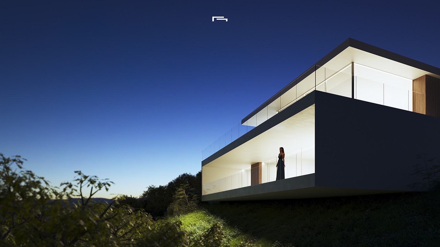 Vue extérieure nocturne de la villa moderne avec structure en porte-à-faux, garde-corps en verre et éclairage intérieur chaleureux soulignant ses lignes épurées.
