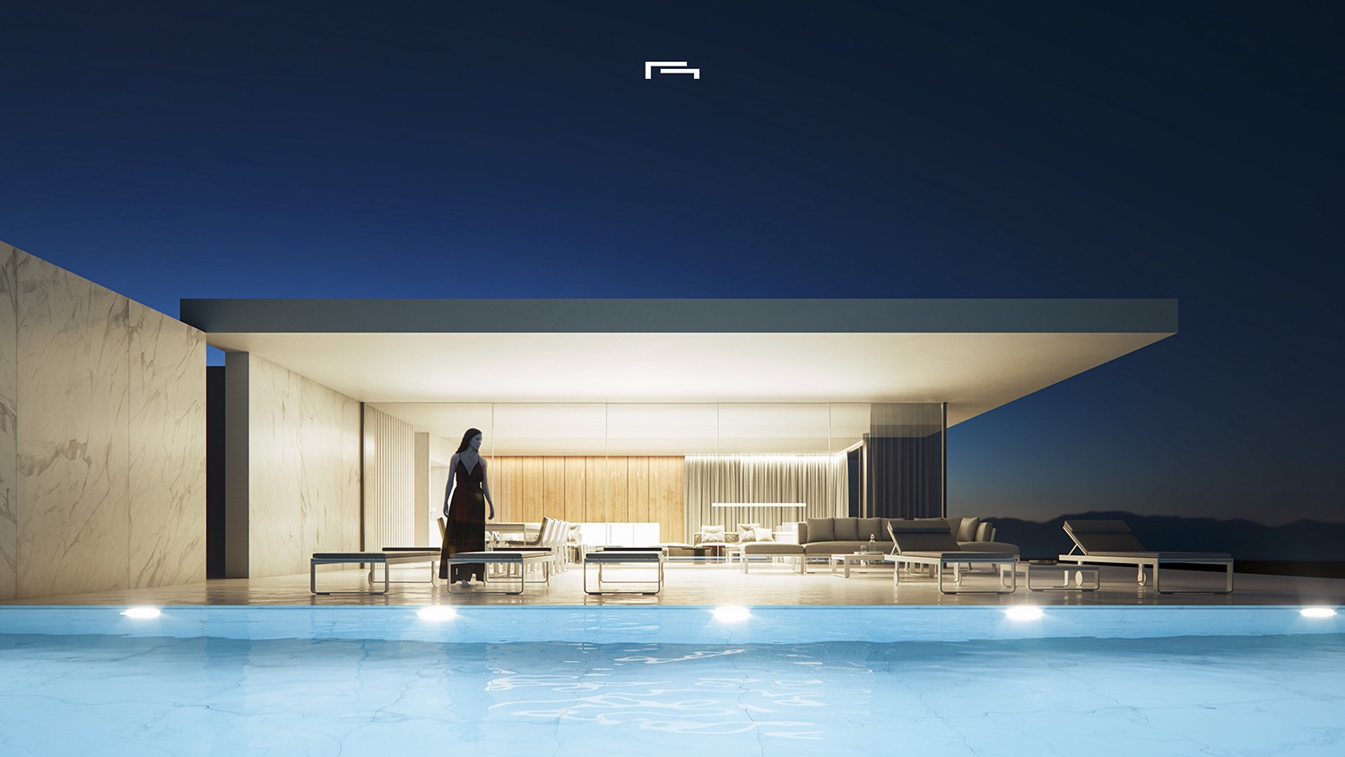 Vue nocturne de la terrasse principale avec piscine éclairée, transats et grandes baies vitrées révélant un intérieur élégant aux finitions en bois.