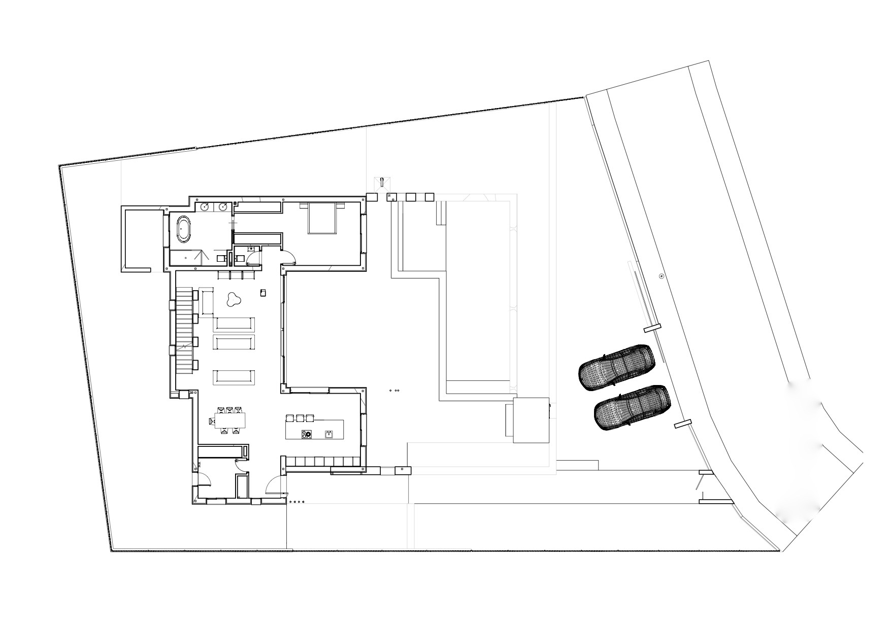 Plan architectural de la villa montrant la disposition des espaces intérieurs et extérieurs, y compris la piscine et le parking.