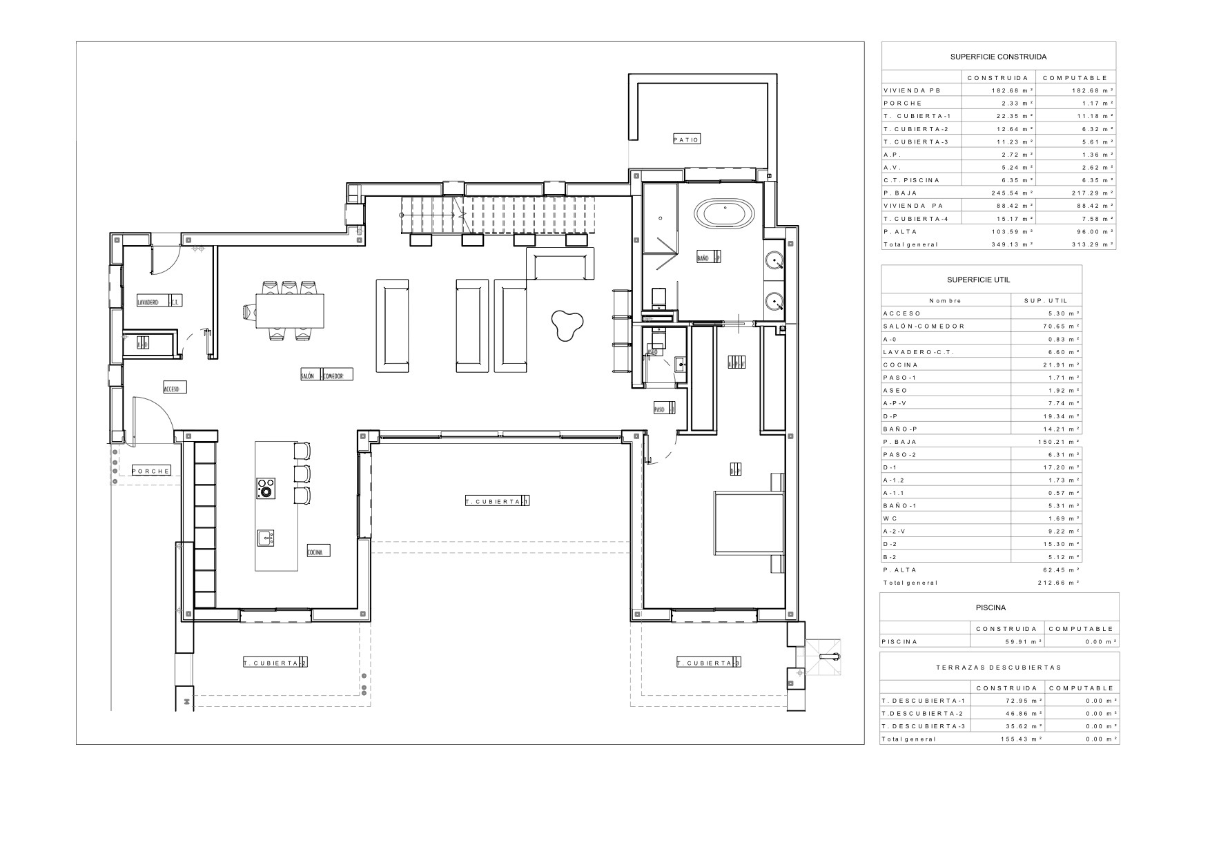 Plan architectural du rez-de-chaussée, montrant l'agencement de la cuisine, du salon-salle à manger et du patio.