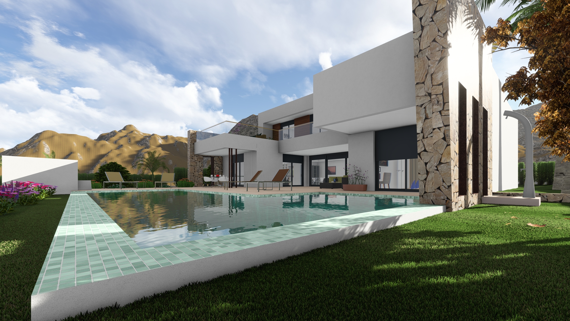 Vue de la piscine avec bordure en mosaïque turquoise et villa moderne avec détails en pierre naturelle et pelouse.