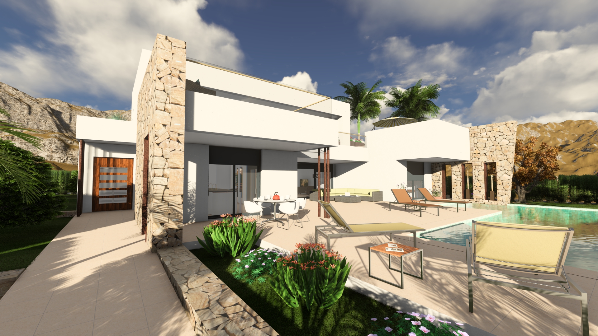 Vue du patio avec piscine, transats et verdure luxuriante, soulignant l'architecture moderne avec des détails en pierre.