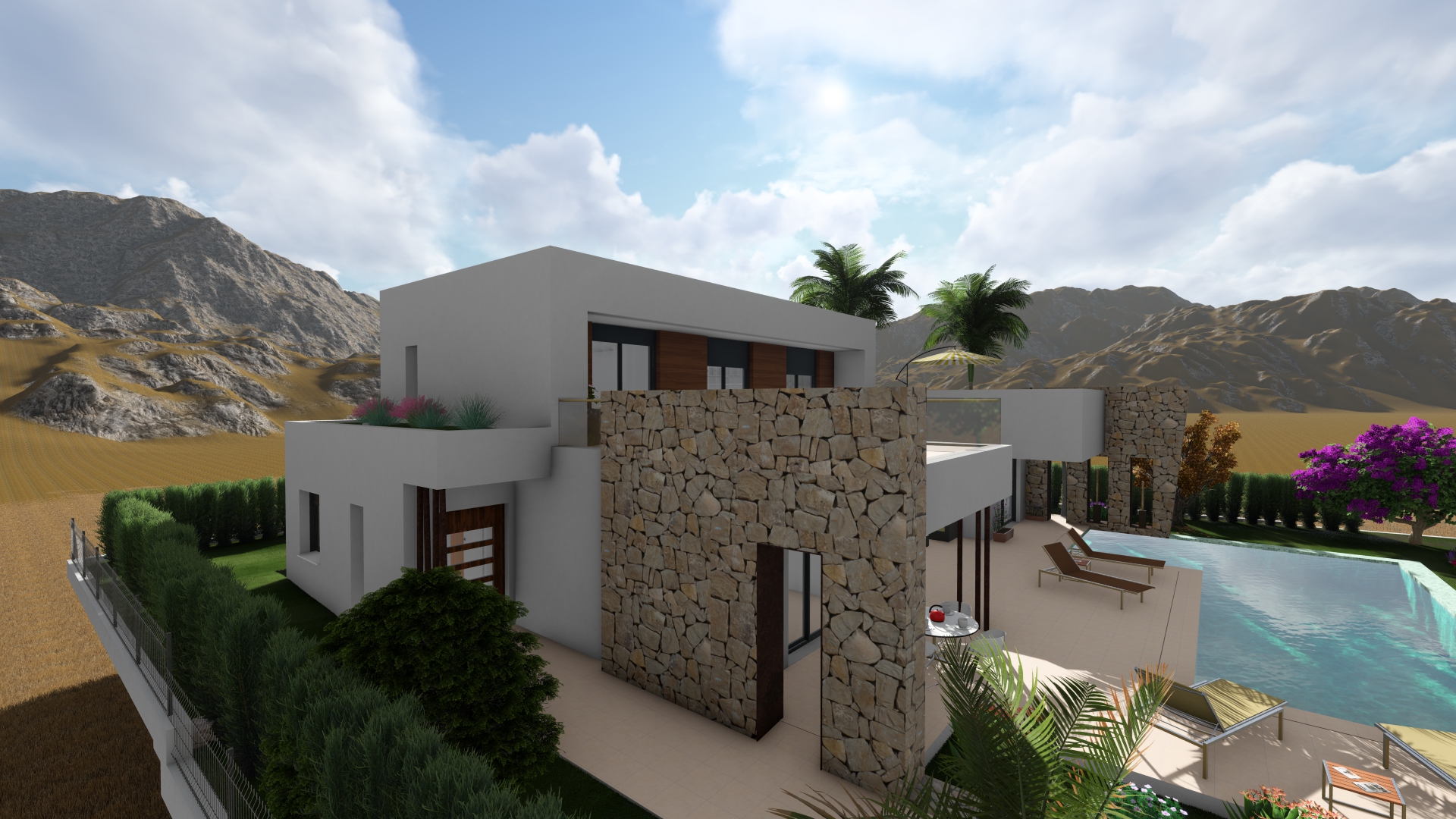 Vue extérieure de la villa avec façade en pierre et piscine privée.