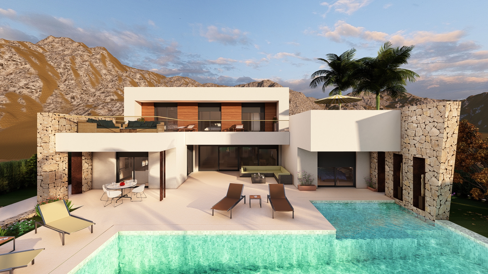 Vue extérieure de la villa avec piscine turquoise et façade en pierre naturelle. Mobilier de terrasse et vue sur la montagne.