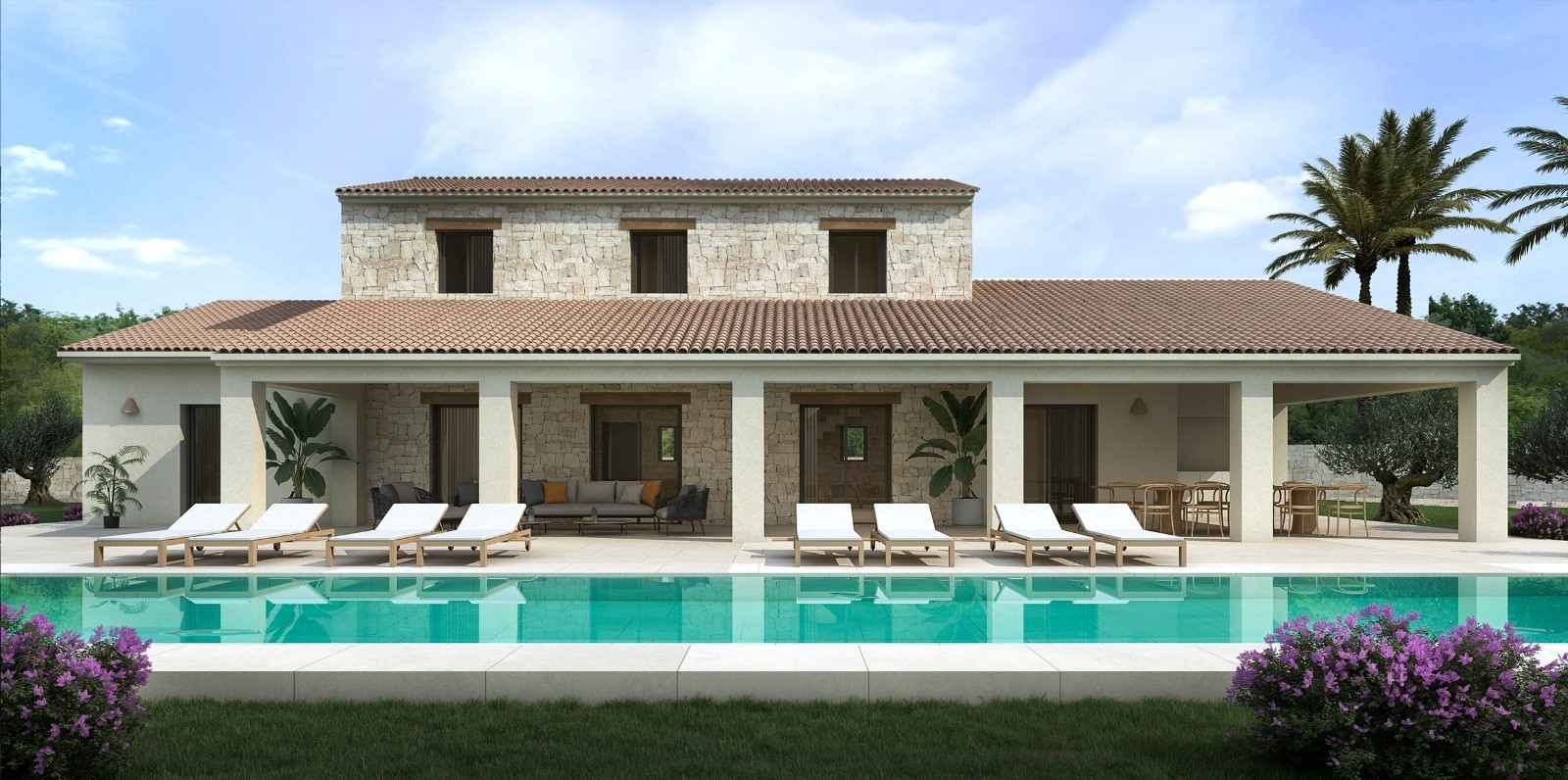 Vue de la façade de la villa avec piscine turquoise et chaises longues blanches. Revêtement en pierre.