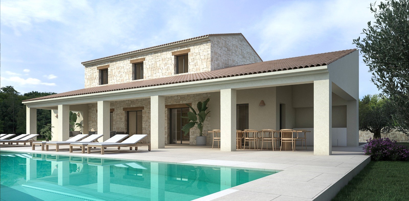Vue de la villa avec piscine turquoise, façade en pierre et terrasse couverte avec salle à manger extérieure.