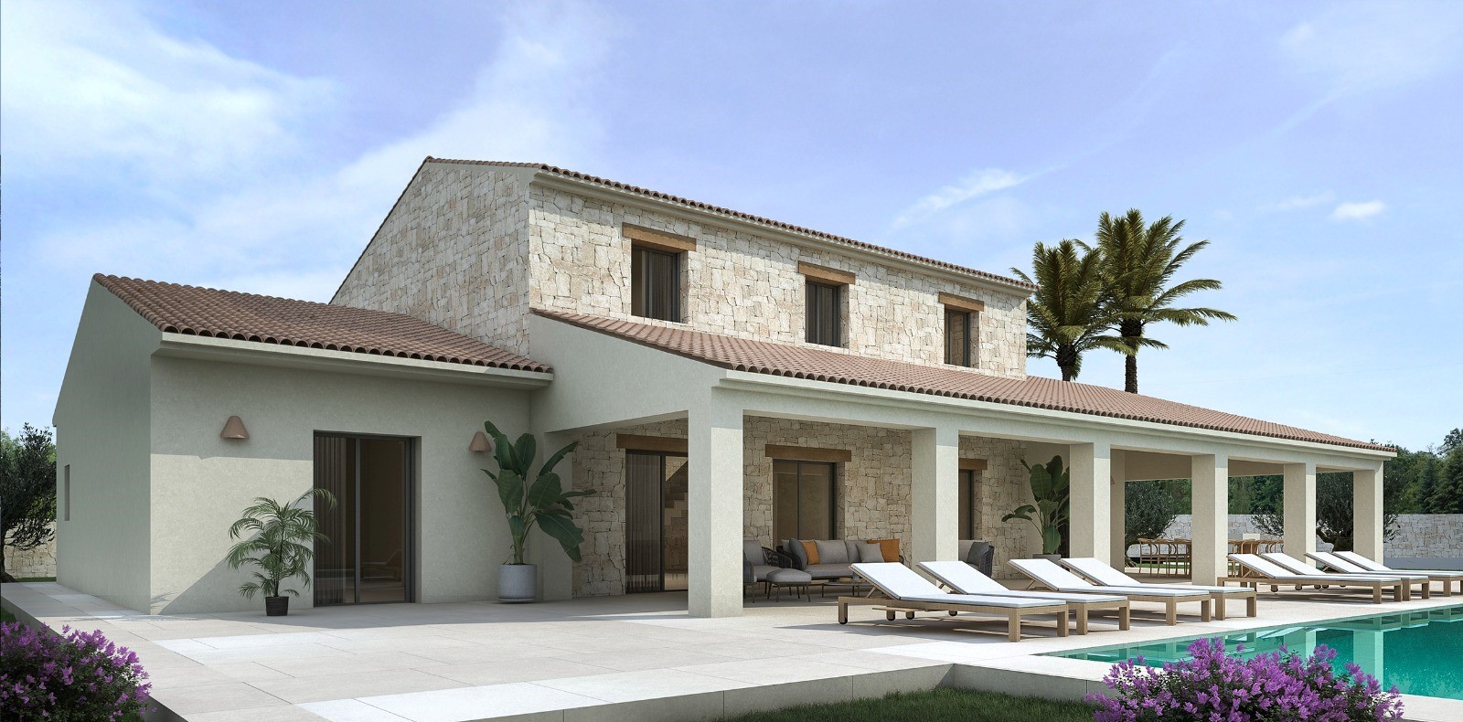 Vue extérieure de la villa avec façade en pierre, terrasse couverte et piscine privée.