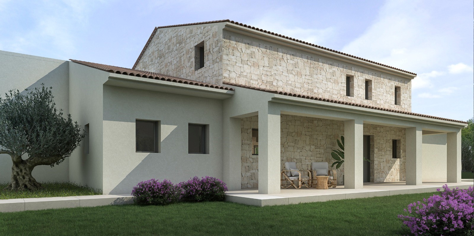 Vue extérieure de la villa avec terrasse couverte et façade en pierre naturelle.