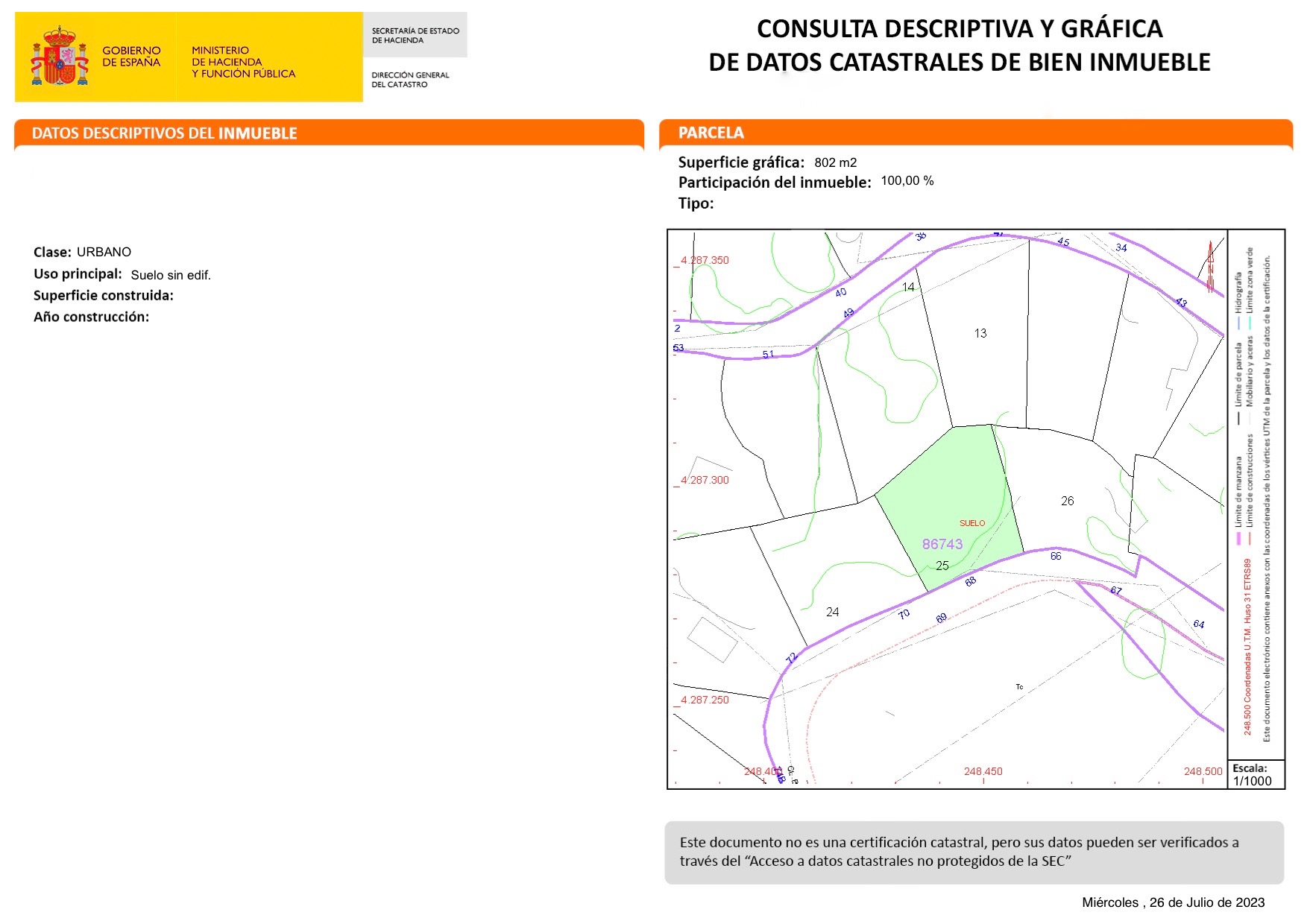 Document cadastral officiel et plan technique montrant les limites précises et l'emplacement de la parcelle urbaine de 802 m2.