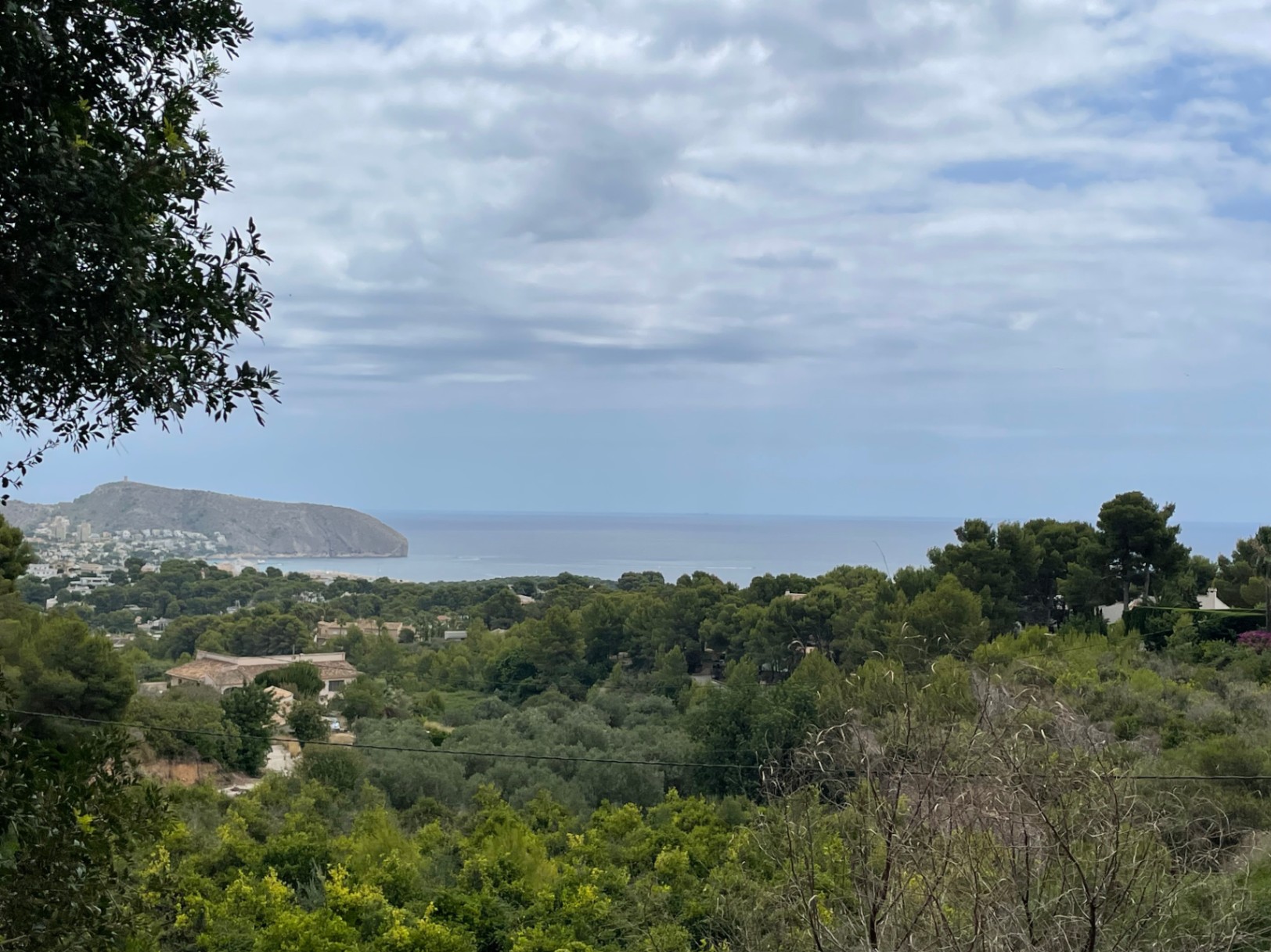 Vue panoramique sur la mer Méditerranée et le Cap d'Or depuis le terrain surélevé à Benimeit, entouré de pins et de végétation locale.