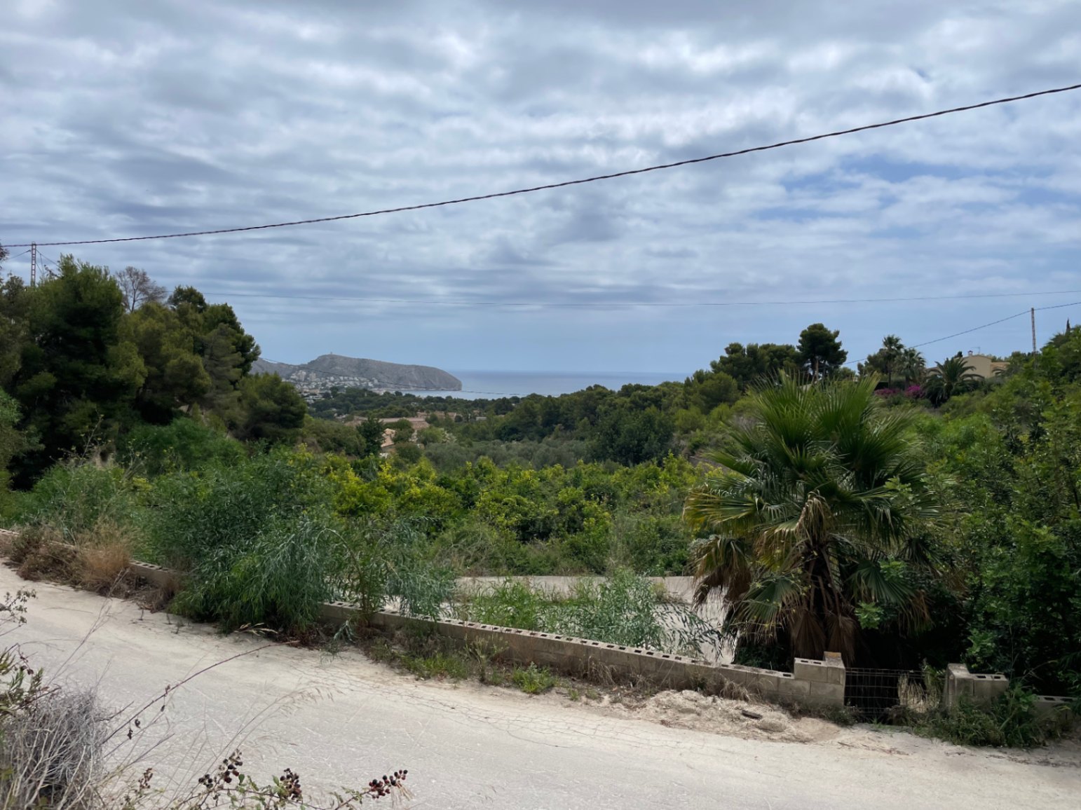 Vue surélevée depuis l'accès au terrain, soulignant la végétation méditerranéenne dense et la silhouette du Cap d'Or sur l'horizon marin.