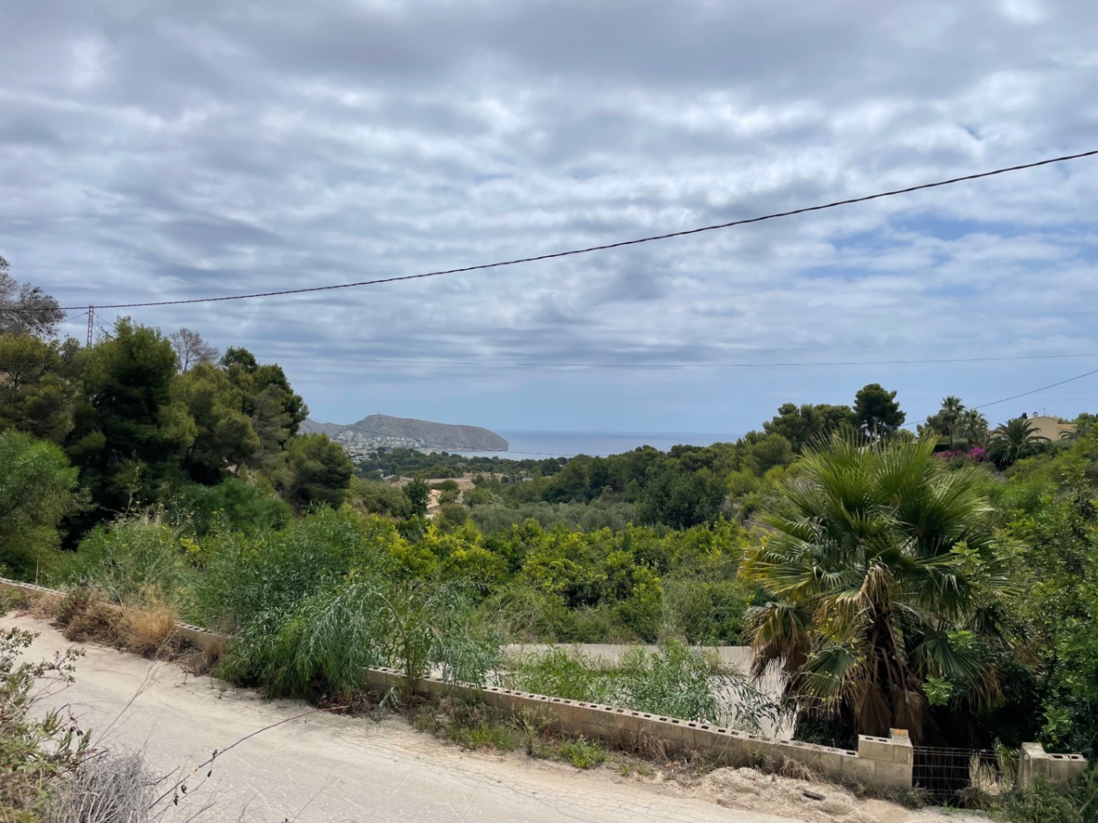 Vue surélevée depuis le terrain vers la mer Méditerranée et le cap de Moraira, dans un environnement naturel composé de pins et de palmiers.