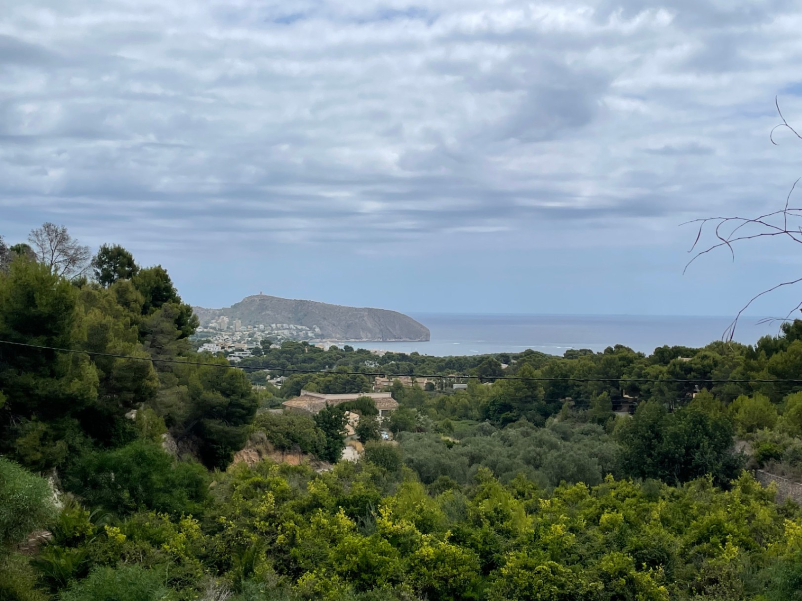 Vues panoramiques sur la mer Méditerranée et le Cap d'Or depuis le terrain surélevé à Benimeit, entouré de végétation indigène et de pins.