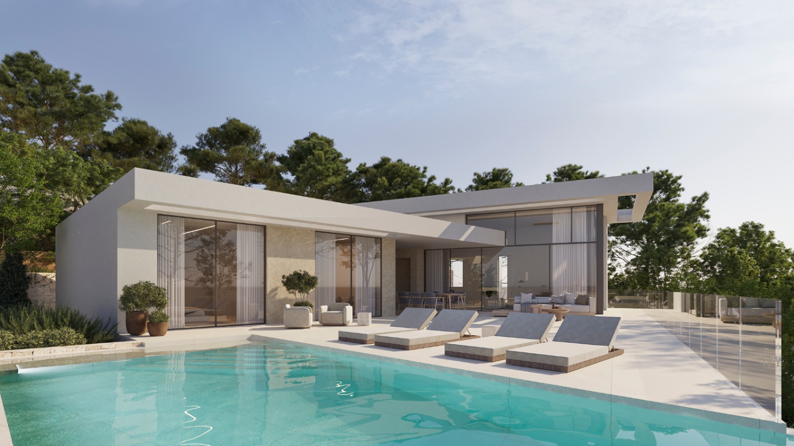 Extérieur de villa moderne avec piscine à débordement, terrasse en grès cérame, bains de soleil design et grandes baies vitrées unifiant les espaces de vie.