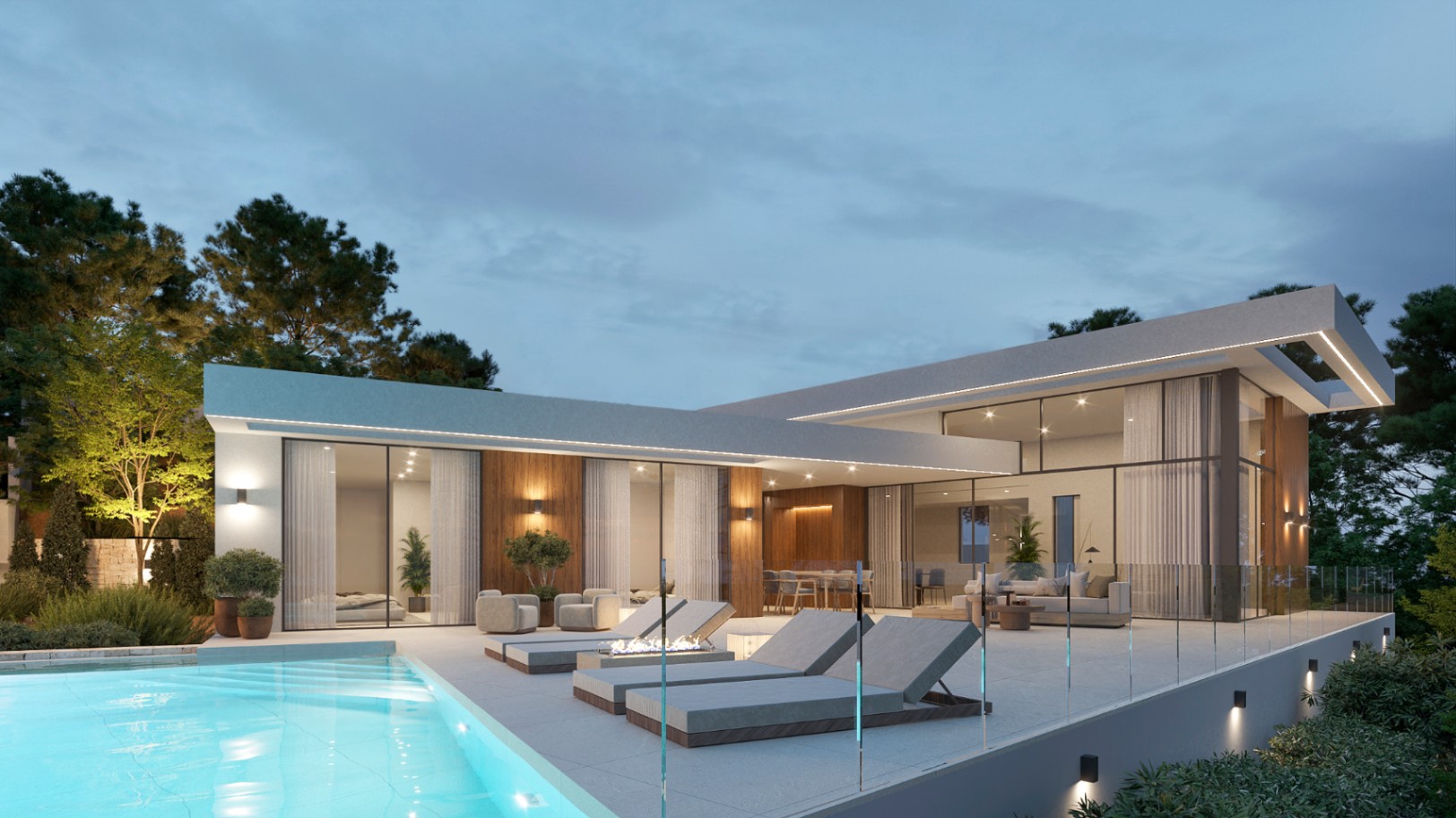 Façade moderne avec piscine éclairée, vaste terrasse en grès, garde-corps en verre et finitions en bois soulignées par un éclairage LED architectural.