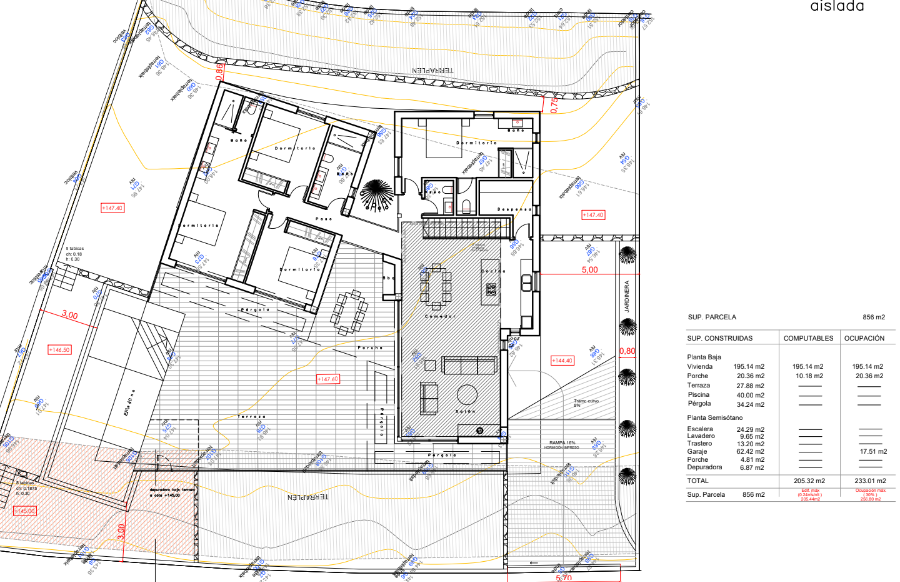 Plan architectural détaillé illustrant l'agencement du rez-de-chaussée, comprenant les chambres, le salon-salle à manger ouvert et la terrasse avec piscine.