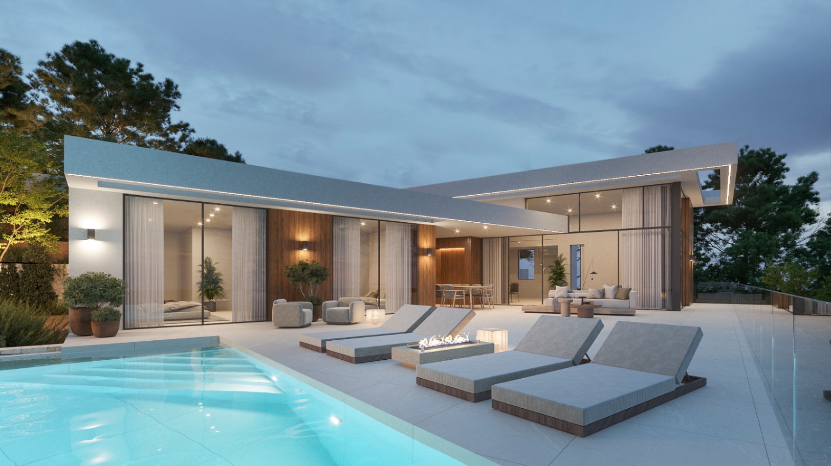 Terrasse extérieure avec piscine éclairée, espace détente avec brasero et façade moderne avec finitions en bois et grandes baies vitrées.