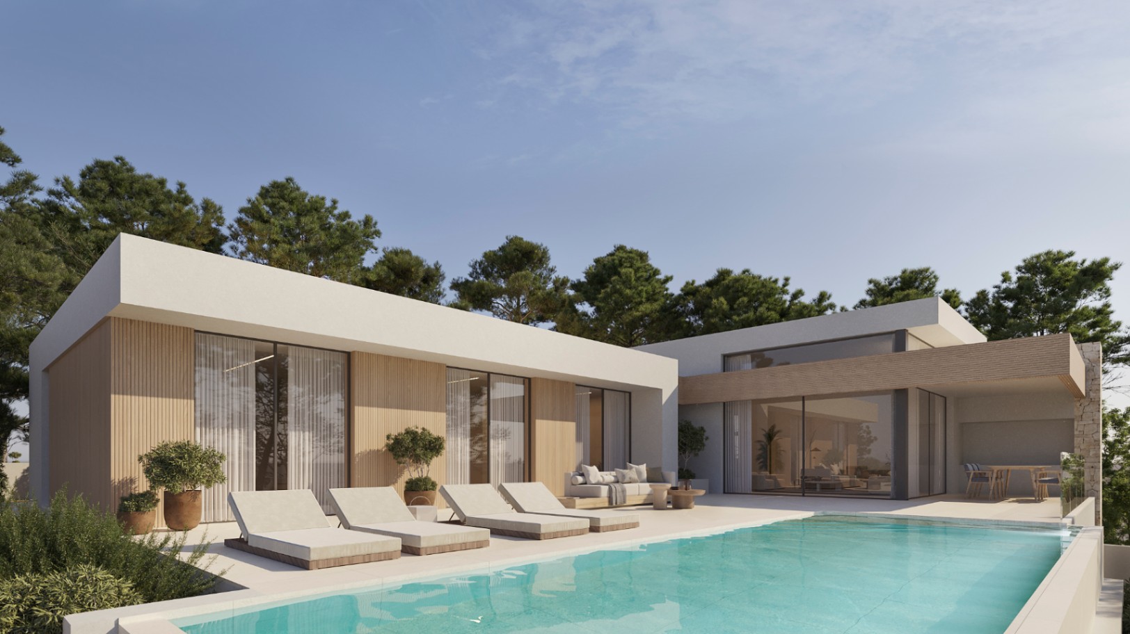 Extérieur de villa moderne avec piscine turquoise, bardage en bois clair et grandes baies vitrées. La terrasse dispose de transats et d'un coin repas couvert bordé de pins.