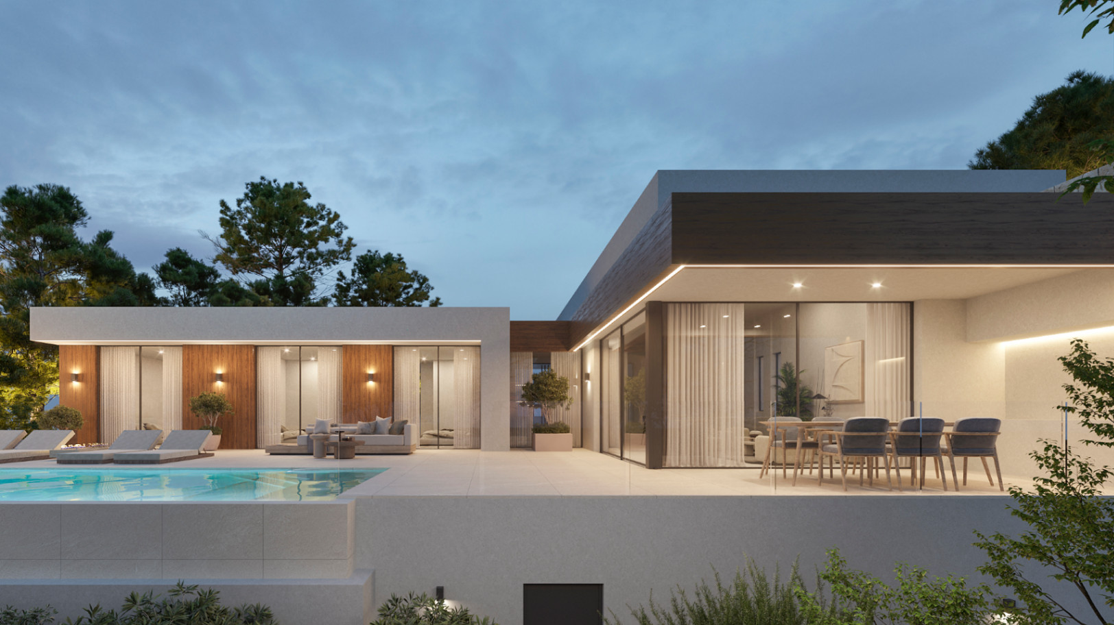 Extérieur d'une villa moderne avec terrasse en grès cérame, coin repas sous auvent et éclairage LED intégré soulignant les lignes architecturales.