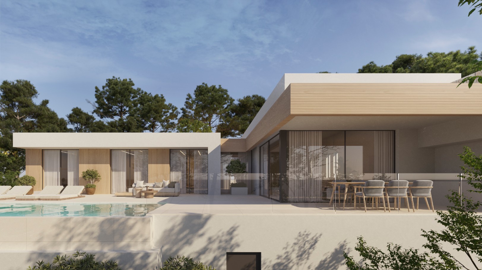Façade moderne avec parement en bois et grandes baies vitrées. La terrasse comprend un coin repas, une piscine à débordement et des bains de soleil entourés de pins.