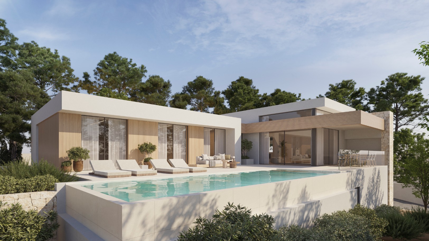 Façade moderne avec piscine à débordement, baies vitrées et détails en bois. La terrasse comprend un solarium et un salon extérieur bordés de pins.