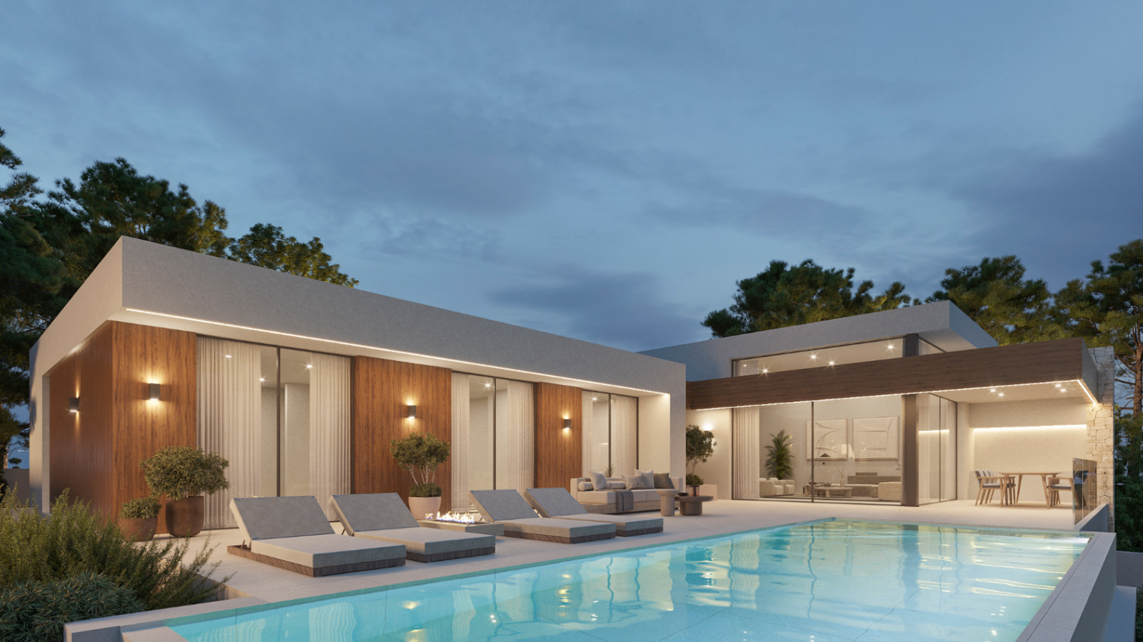 Vue extérieure au crépuscule montrant la piscine, le revêtement en bois, l'éclairage LED intégré et les grandes baies vitrées ouvrant sur les espaces de vie.