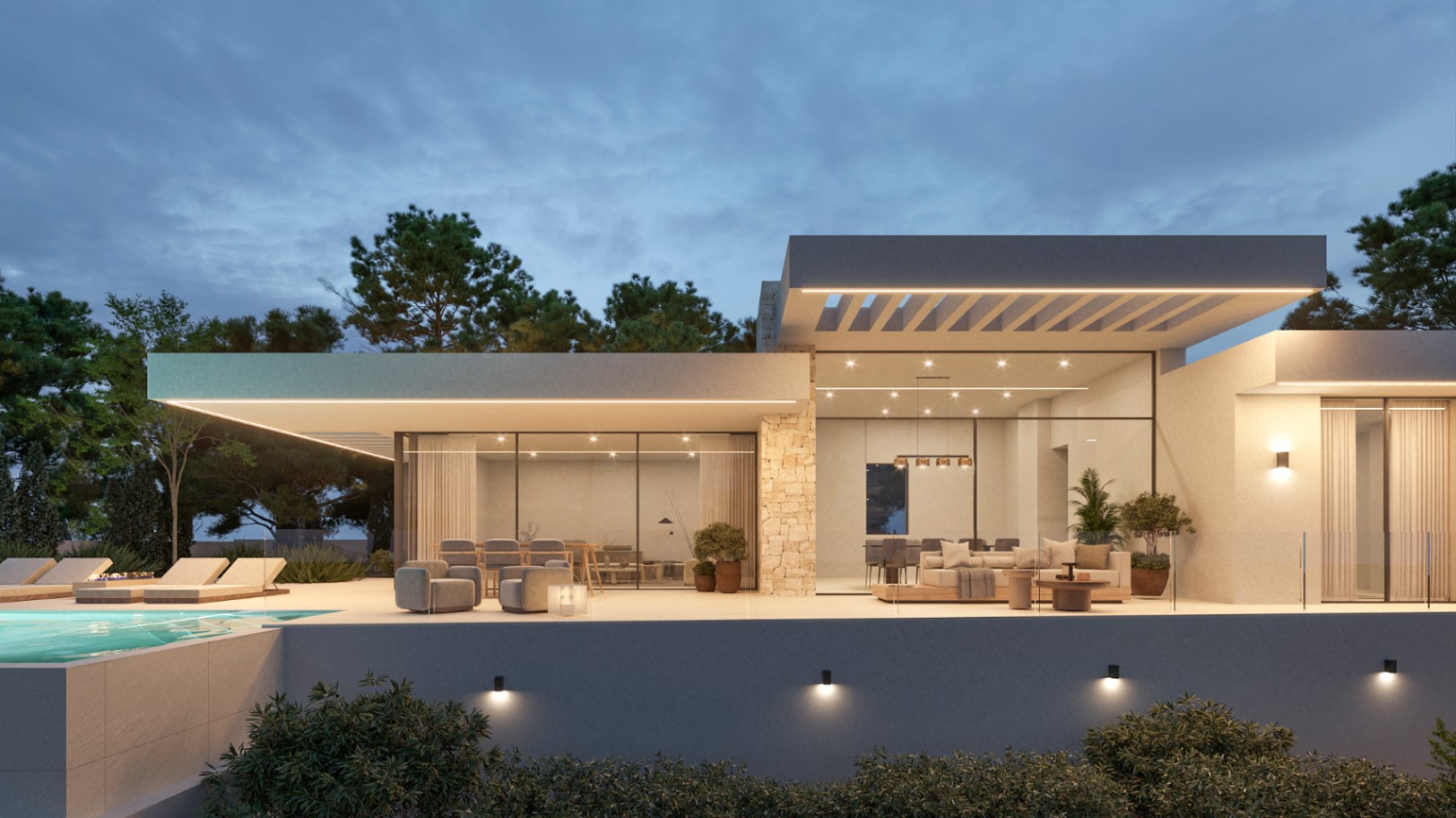 Façade de villa moderne au crépuscule avec toits en porte-à-faux, éclairage LED intégré et grandes baies vitrées ouvrant sur une terrasse avec piscine.
