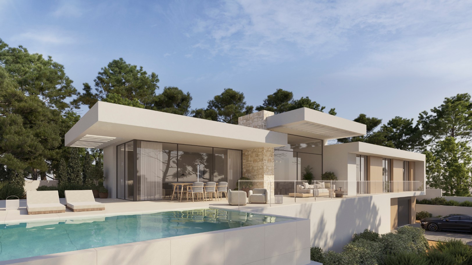 Façade moderne avec piscine à débordement, larges baies vitrées et terrasse spacieuse comprenant un coin repas et un salon extérieur sous des porte-à-faux élégants.