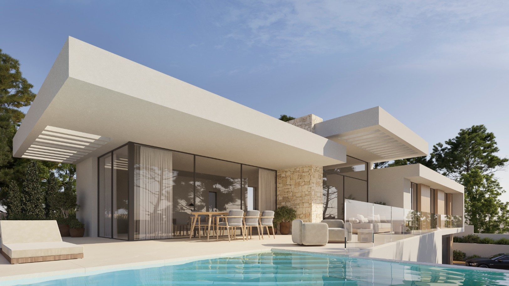 Façade moderne avec toits en porte-à-faux blancs, murs en pierre naturelle et terrasse principale avec piscine devant de grandes baies vitrées.