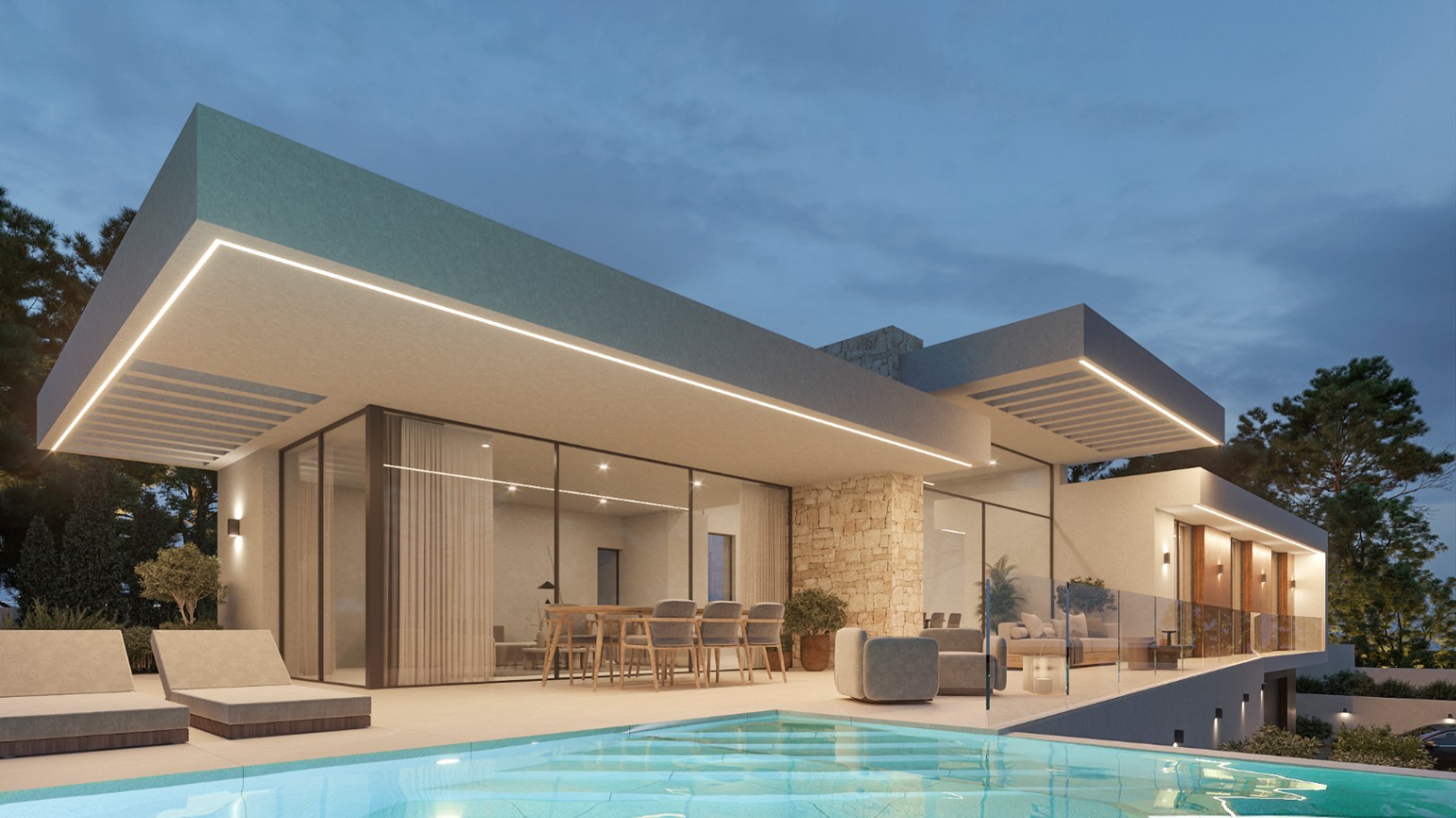 Vue nocturne d'une villa moderne avec piscine, terrasse spacieuse, éclairage LED intégré et murs en pierre naturelle au design épuré.