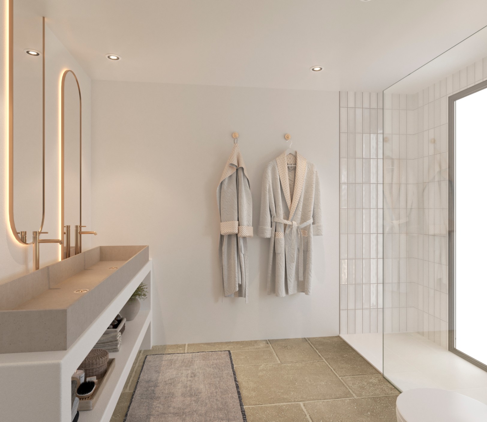 Salle de bain moderne avec double vasque en pierre, robinetterie dorée et miroirs rétroéclairés. Comprend une douche à l'italienne avec paroi vitrée et sol en pierre.