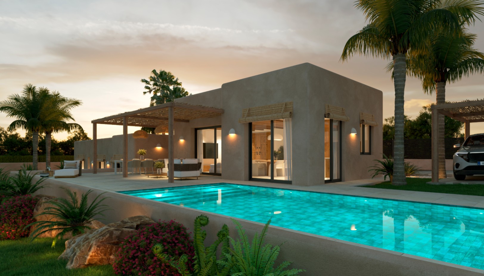 Vue extérieure de la villa avec piscine éclairée, façade aux tons terreux et terrasses ombragées par des pergolas en bois et fibres naturelles au crépuscule.