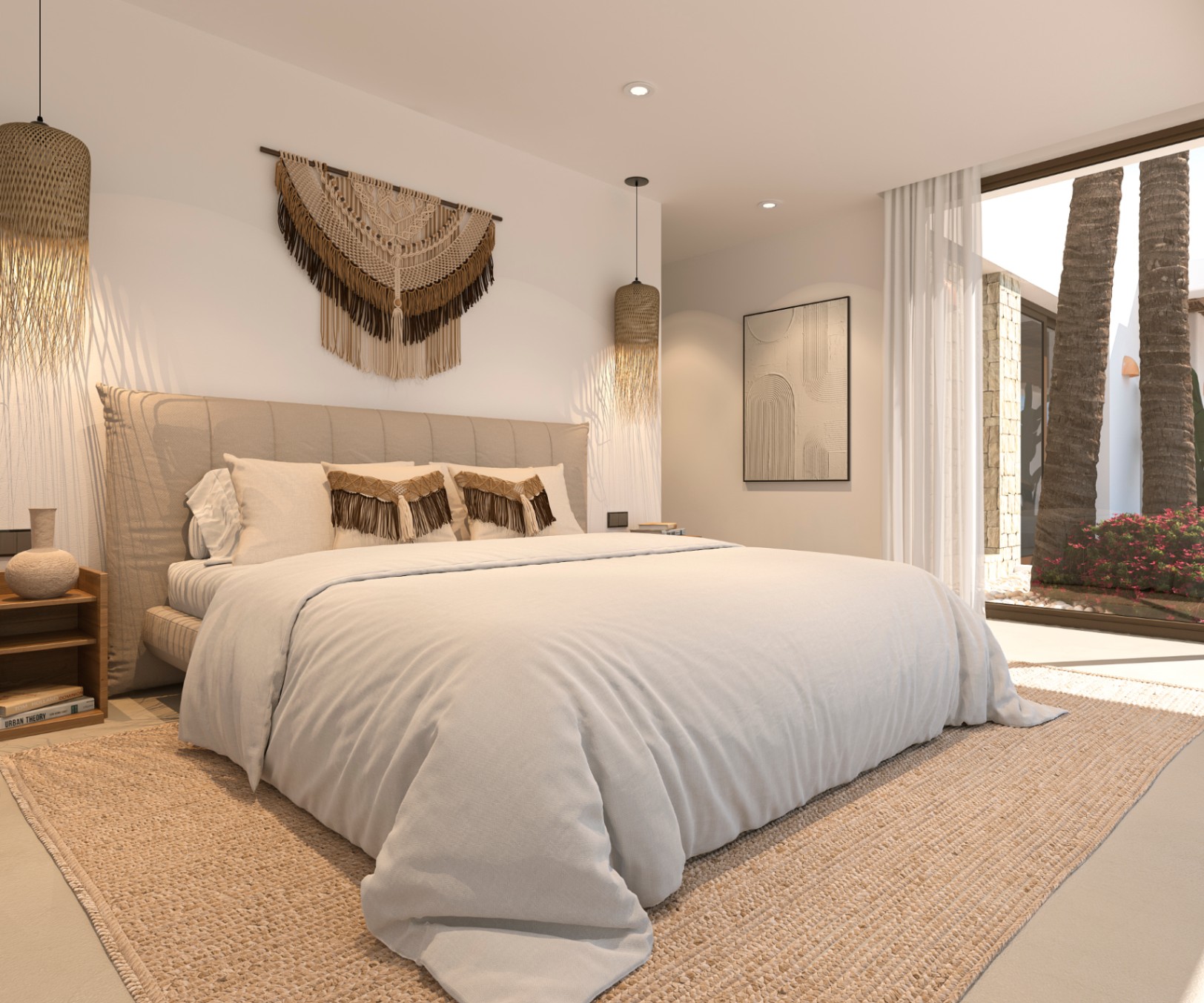 Chambre de style ibizane avec tête de lit rembourrée, suspensions en fibres naturelles et macramé. De larges baies vitrées s'ouvrent sur un jardin méditerranéen et des palmiers.