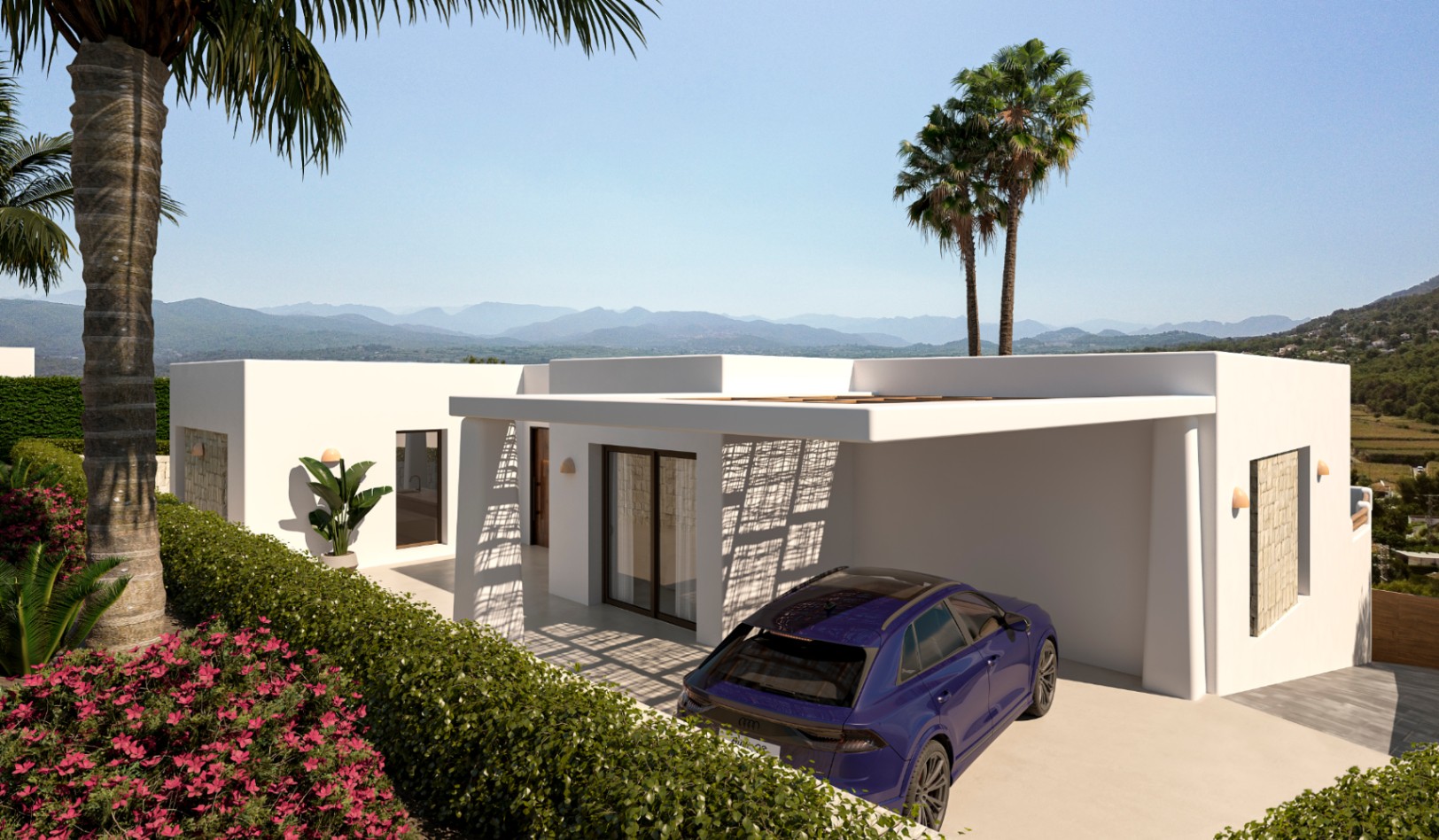 Façade de style ibizien avec abri de voiture couvert, détails en pierre naturelle et vue panoramique sur les montagnes dans un cadre méditerranéen.