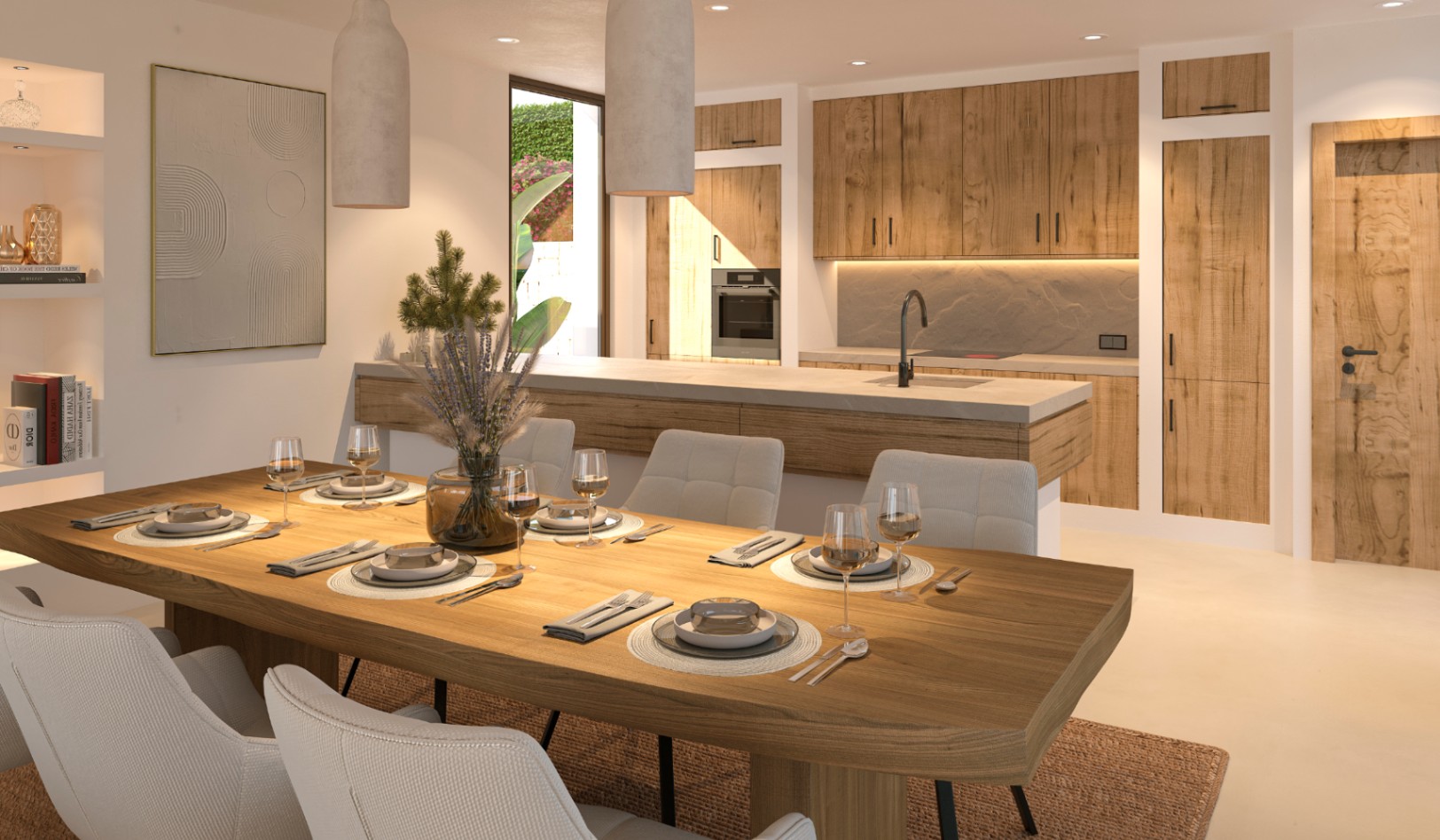 Salle à manger ouverte avec table en bois massif et chaises rembourrées, intégrée à une cuisine moderne aux finitions bois et plan de travail en pierre.