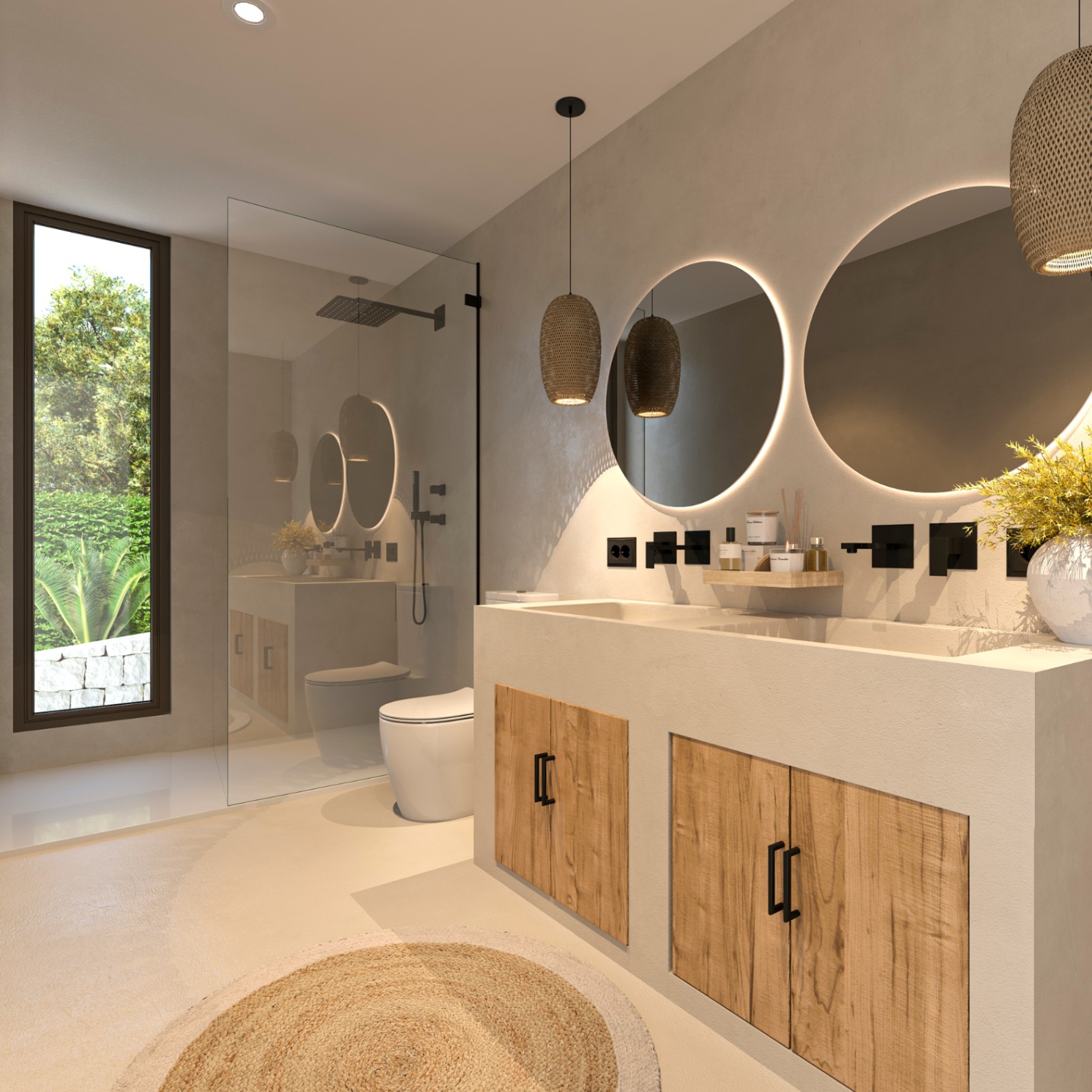 Salle de bain de style ibizien avec double vasque intégrée, miroirs circulaires rétroéclairés, robinetterie noire et douche à l'italienne offrant une vue sur le jardin.