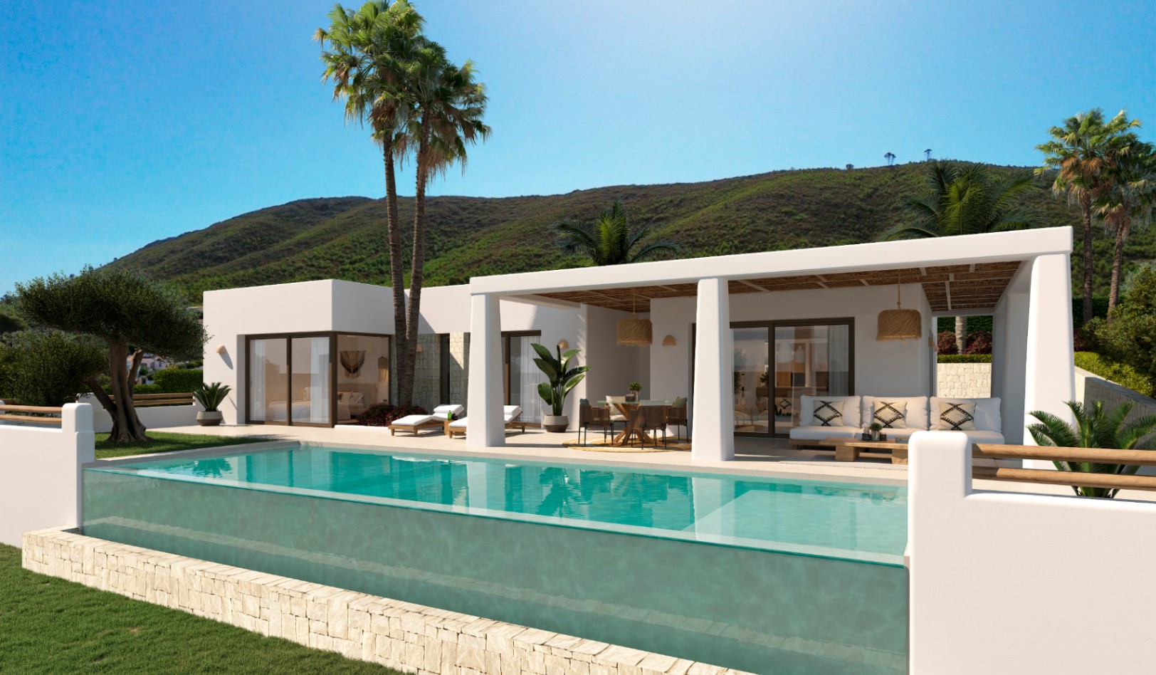 Villa de style ibizien avec piscine à débordement à paroi vitrée, terrasse couverte aux finitions en bois et vue imprenable sur les montagnes.