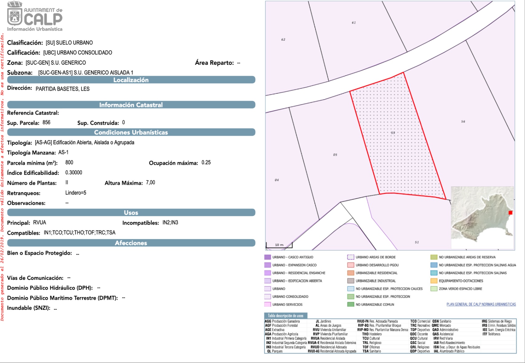 Document d'urbanisme officiel de la parcelle à Bassetes, Calpe, indiquant une surface de 856 m², une occupation de 25 % et les normes pour une maison individuelle.