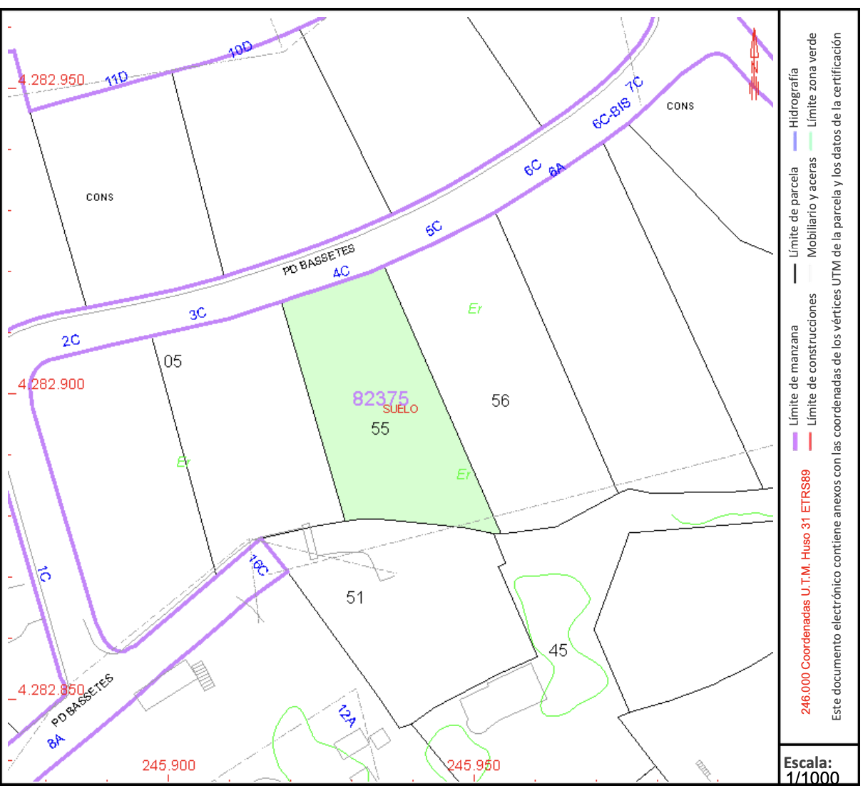 Plan cadastral technique détaillant les limites de la parcelle 55 à Bassetes, Calpe, incluant l'accès routier et les références topographiques précises.