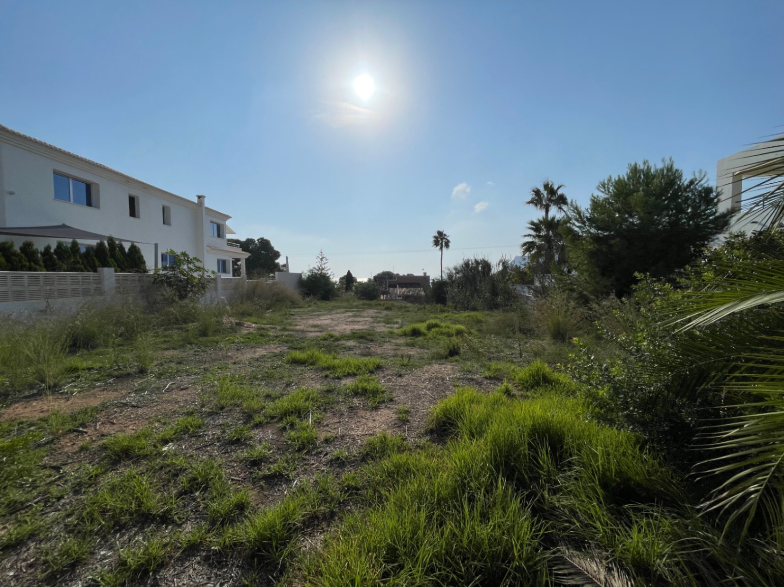 Terrain à bâtir plat de 856 m² à Bassetes Calpe, orienté plein sud, entouré de végétation méditerranéenne et de villas blanches dans un quartier calme.