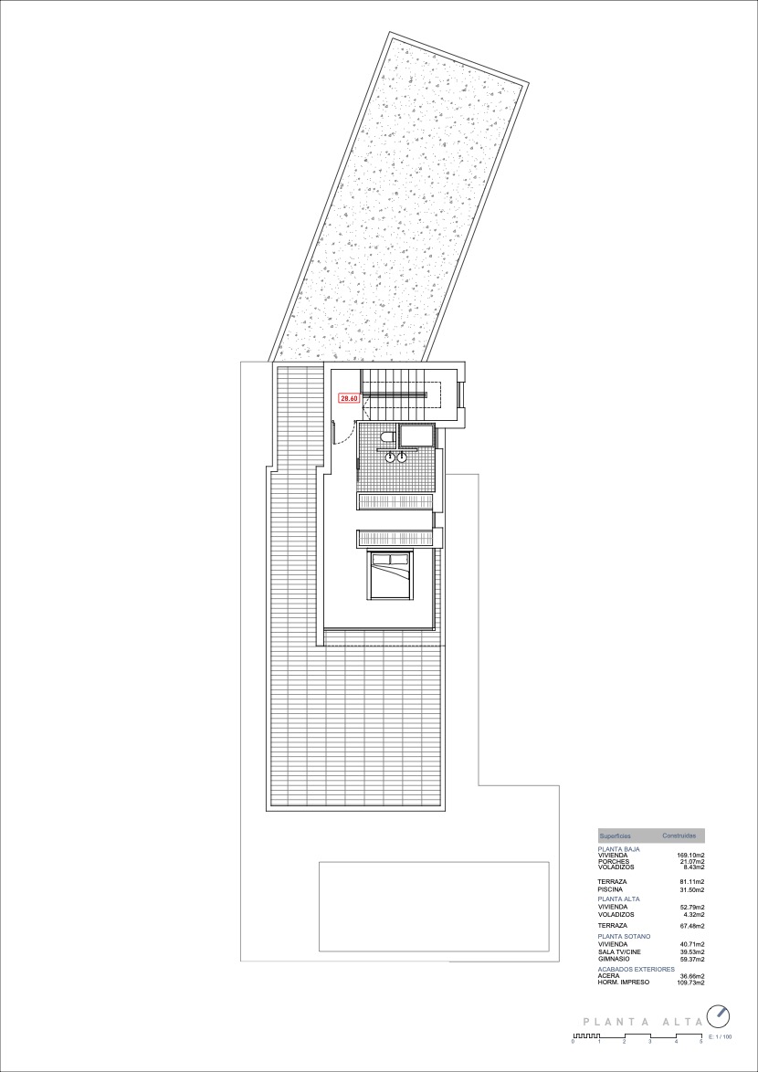 Plan technique de l'étage supérieur illustrant une chambre avec salle de bain attenante, l'accès par escalier et une vaste terrasse extérieure.