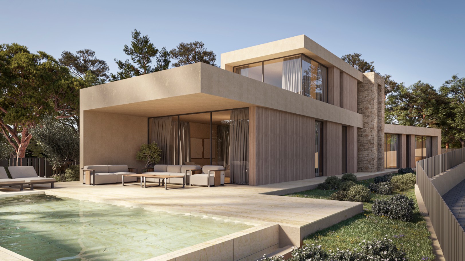 Villa moderne de style ibicenco avec murs en pierre naturelle, bardage bois et vaste terrasse comprenant une piscine intégrée et un salon ombragé.