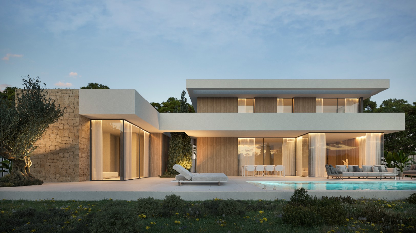 Façade moderne de style Ibiza avec murs en pierre, grandes baies vitrées, piscine privée et espaces de détente extérieurs sous un éclairage tamisé.